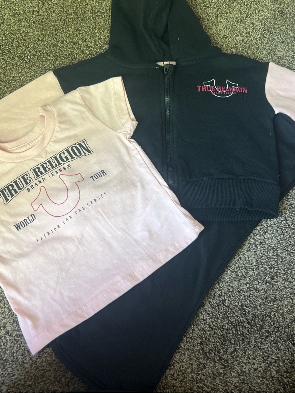 True Religion Pink Logo Tee with Black Zip Hoodie Set